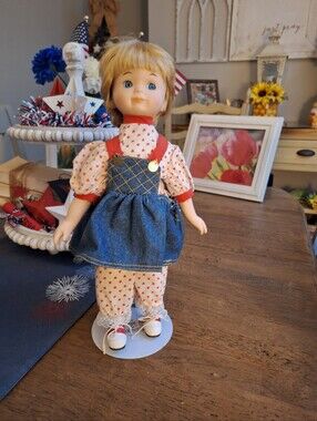 Vtg. Porcelain Girl Doll The Heritage Mint Collection W/stand 14" Denim Jumper